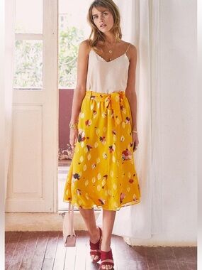 Sézane Arizona Yellow Floral & Metallic Silk Blend Skirt